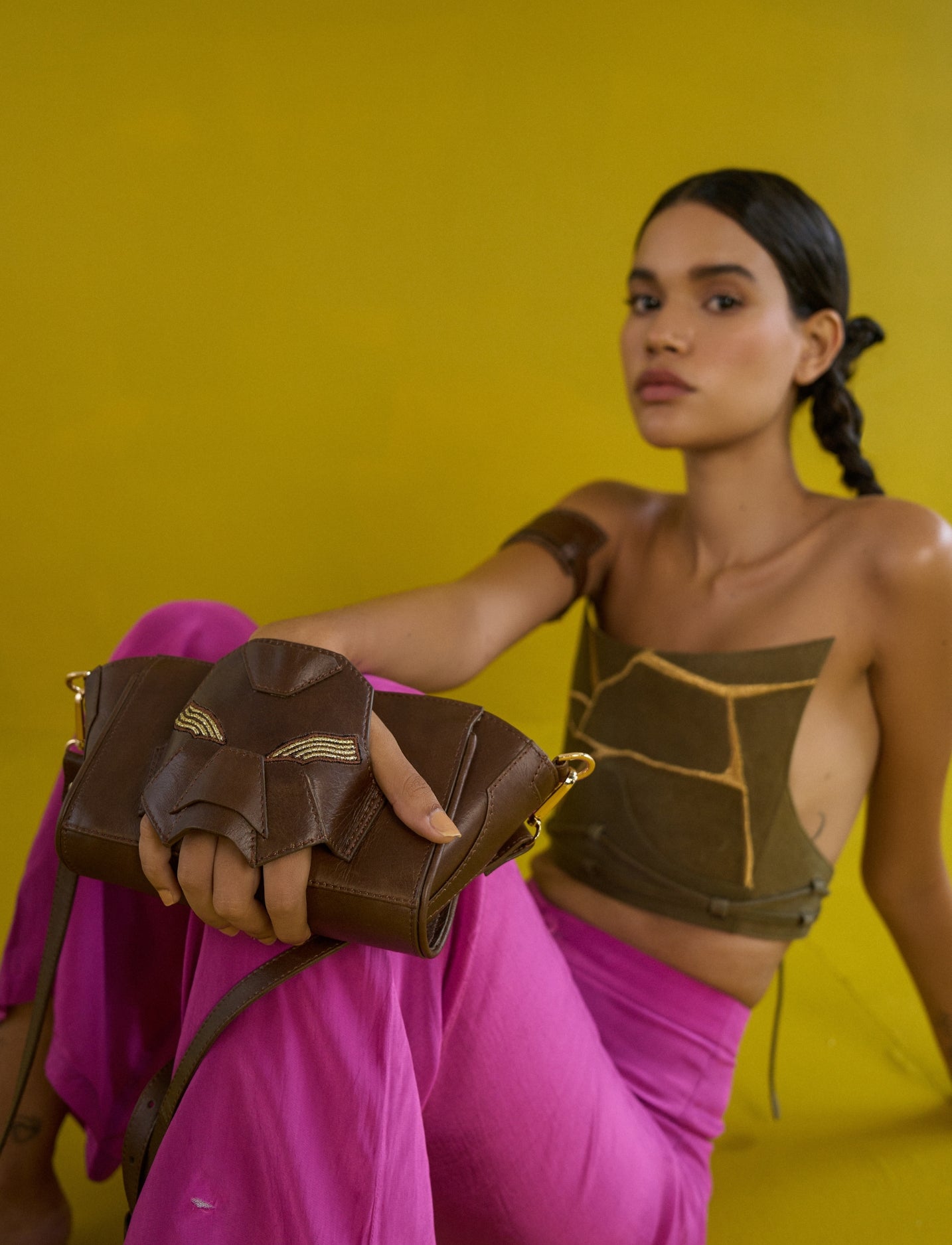 Tan/Brown upcycled leather wristlet clutch unisex adjustable handbag with gold embroidery.