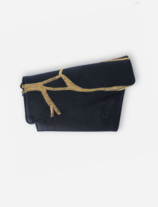 Black upcycled leather handcrafted unisex wallet with gold embroidery.