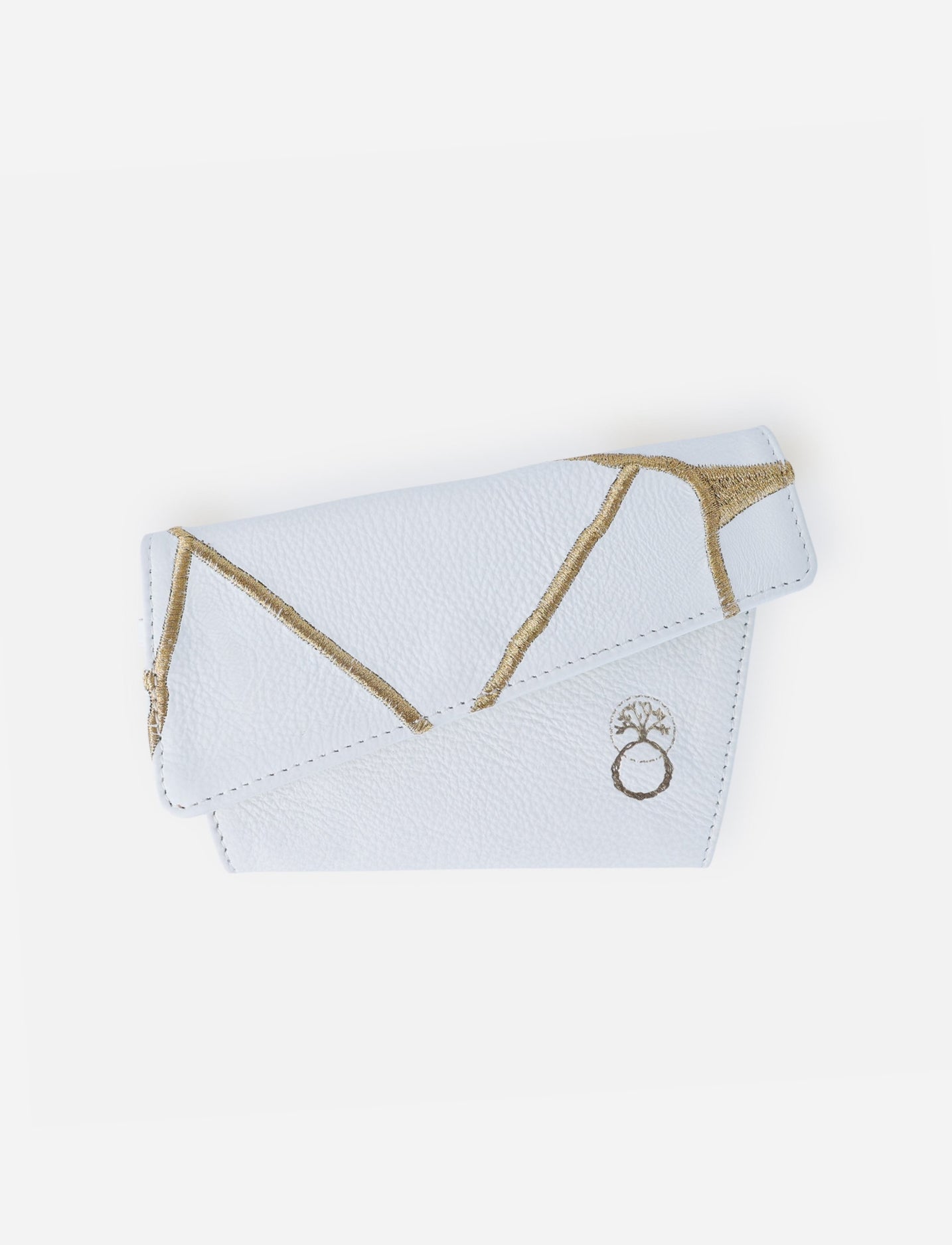 Ivory/White upcycled leather handcrafted unisex wallet with gold embroidery.