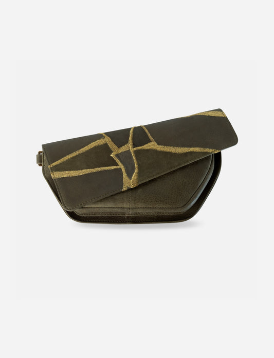 Olive upcycled leather handcrafted cross body bag with gold embroidery.