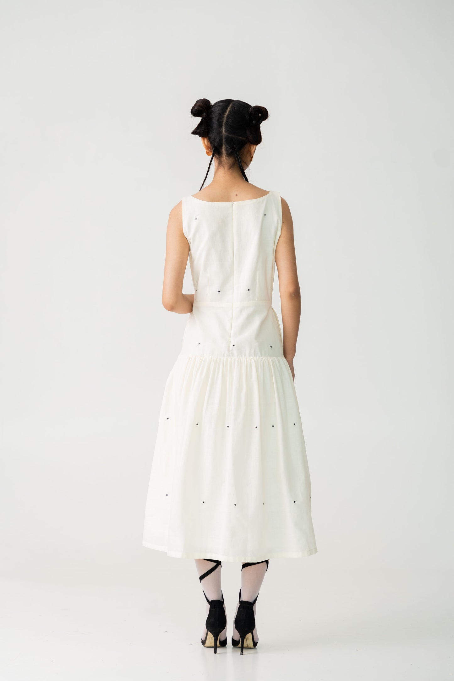 Speckle White Drop waist summer dress, Handwoven Cotton with extra weft motifs, Full lined dress for women.