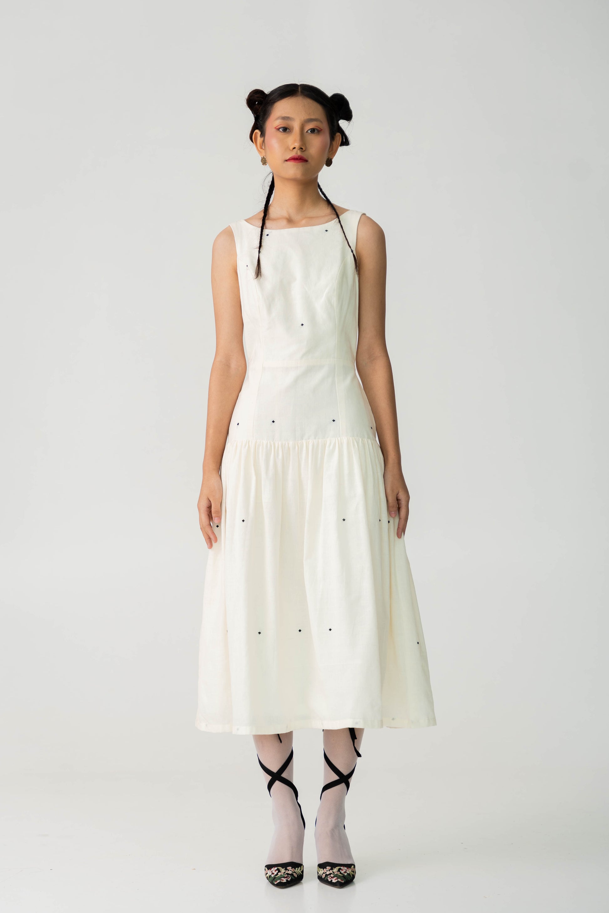 Speckle White Drop waist summer dress, Handwoven Cotton with extra weft motifs, Full lined dress for women.