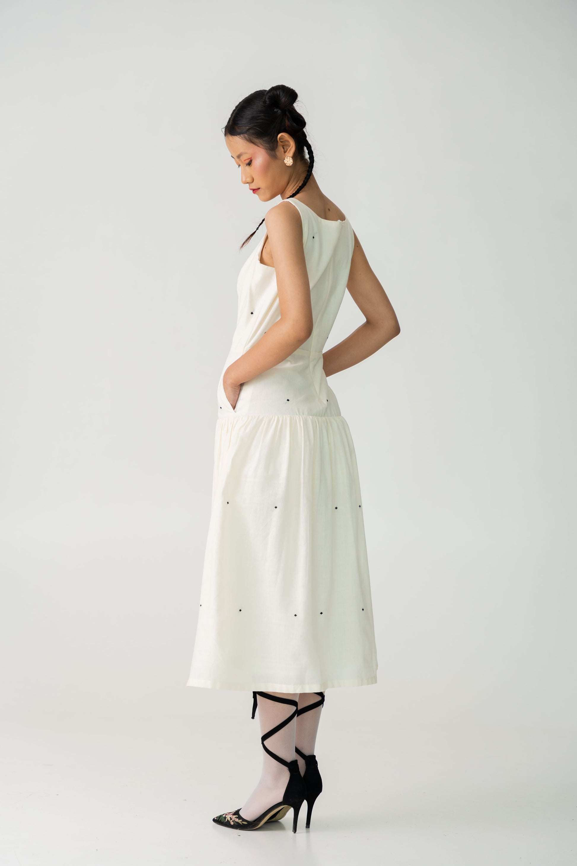 Speckle White Drop waist summer dress, Handwoven Cotton with extra weft motifs, Full lined dress for women.