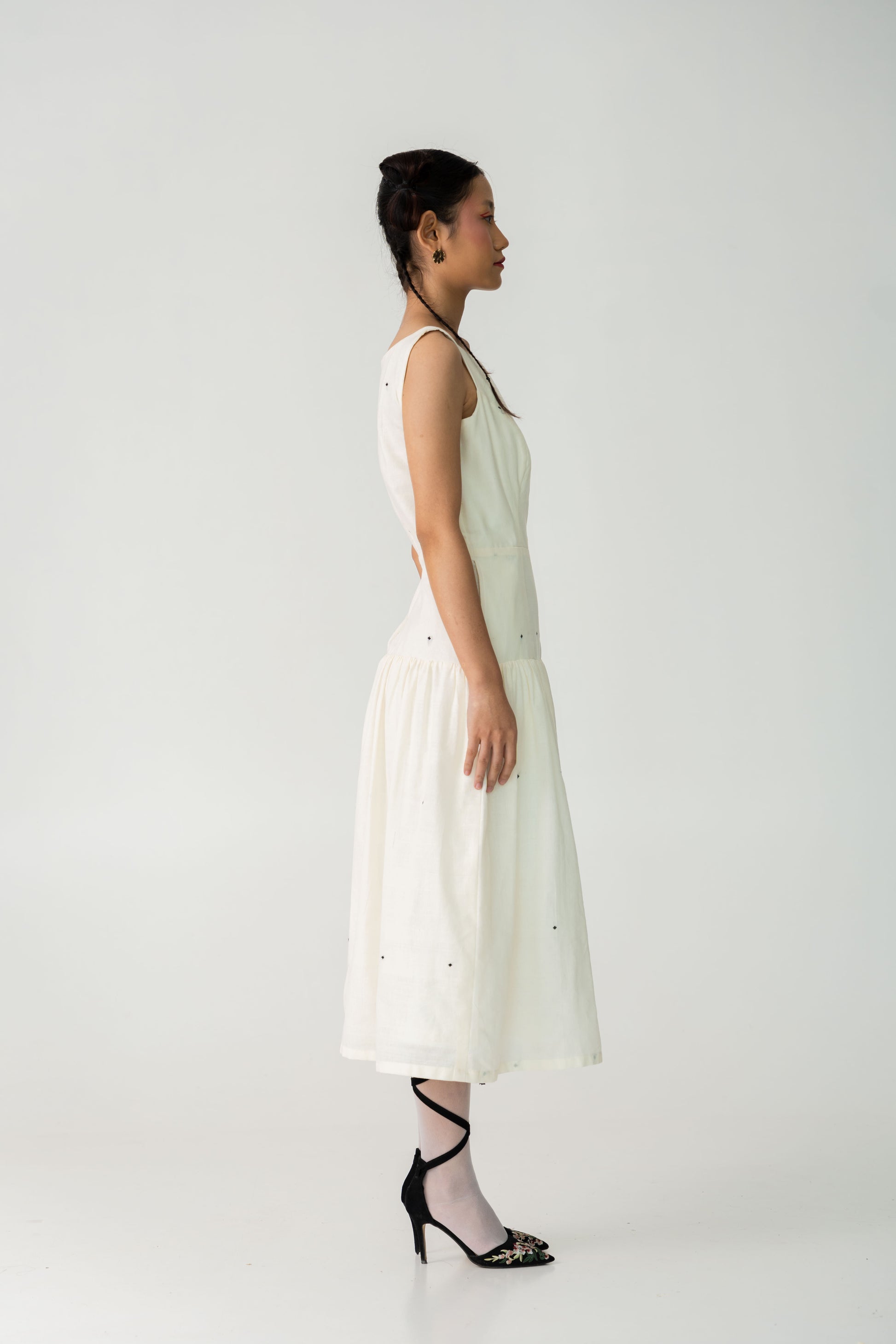 Speckle White Drop waist summer dress, Handwoven Cotton with extra weft motifs, Full lined dress for women.