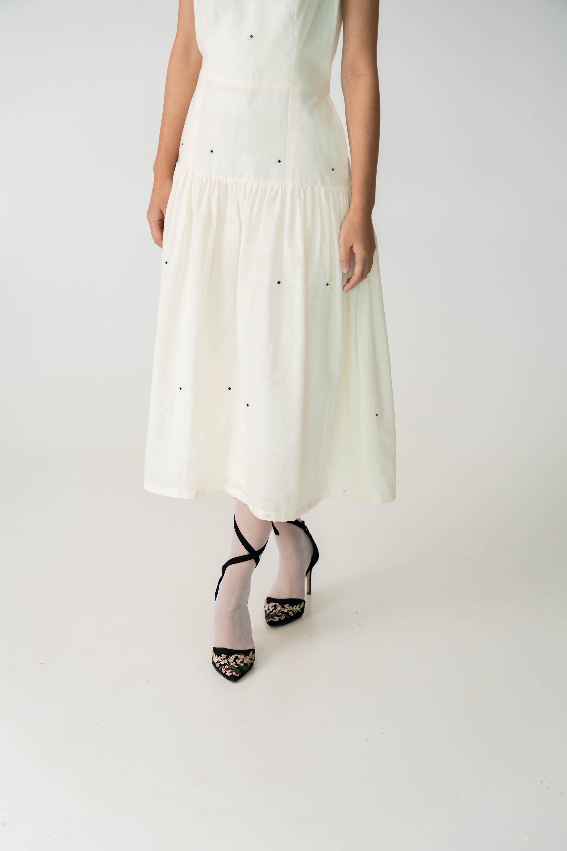 Speckle White Drop waist summer dress, Handwoven Cotton with extra weft motifs, Full lined dress for women.