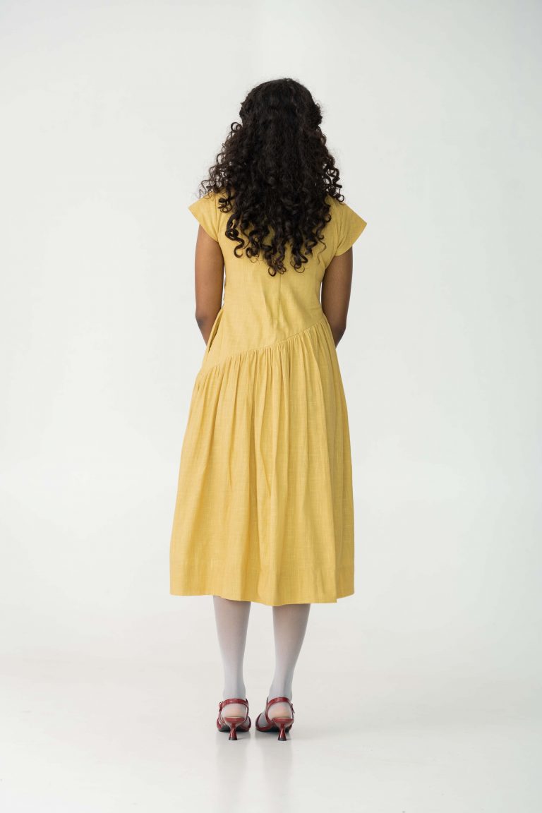 Yellow summer mid length cotton dress made with azo free dye for women.