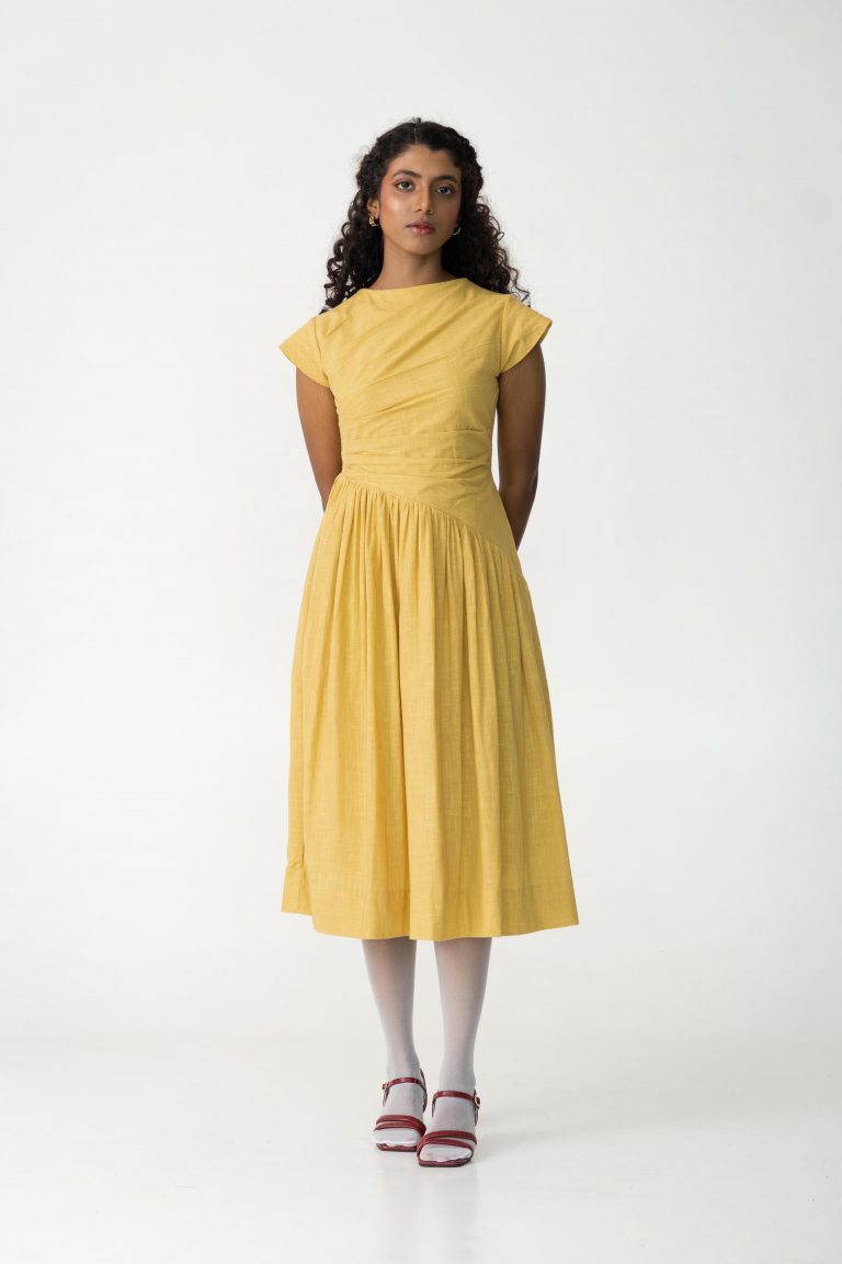 Yellow summer mid length cotton dress made with azo free dye for women.