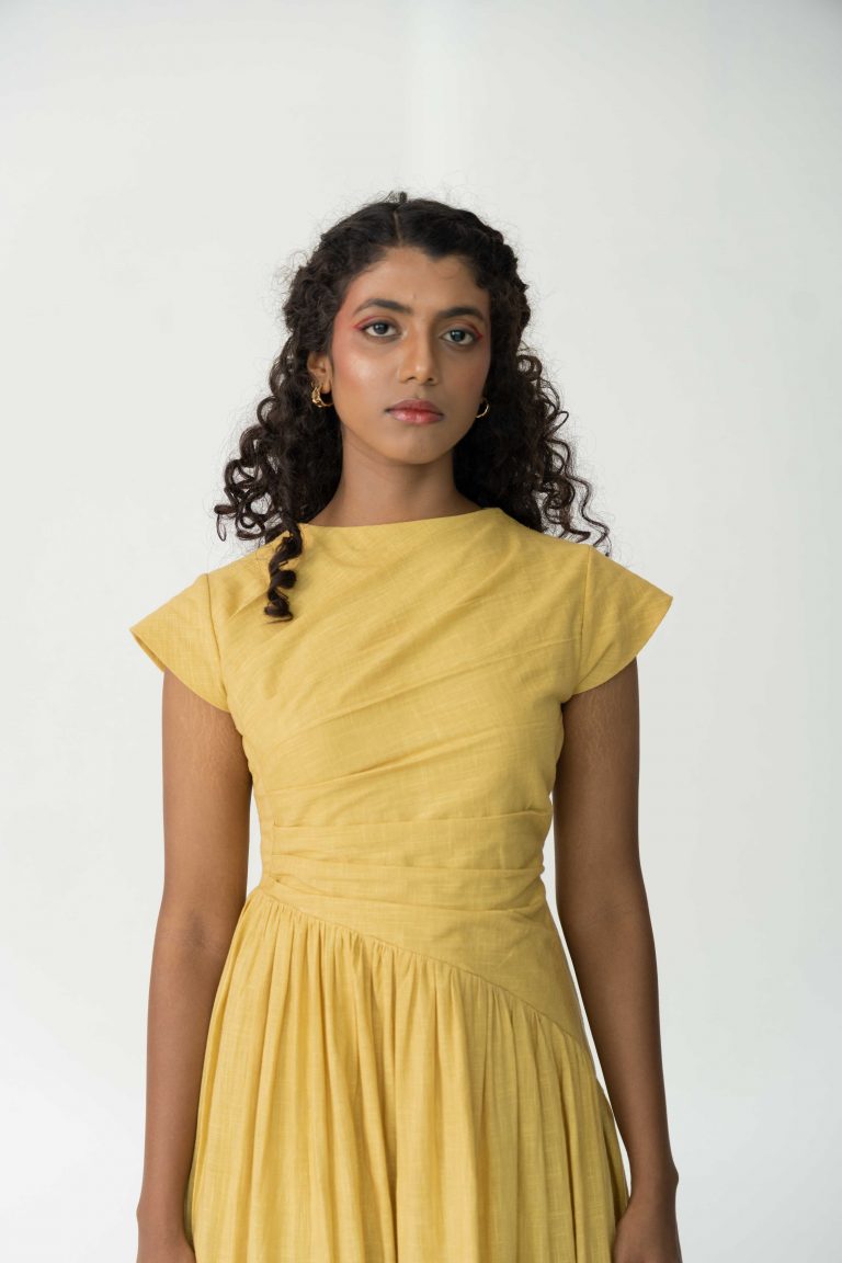 Yellow summer mid length cotton dress made with azo free dye for women.