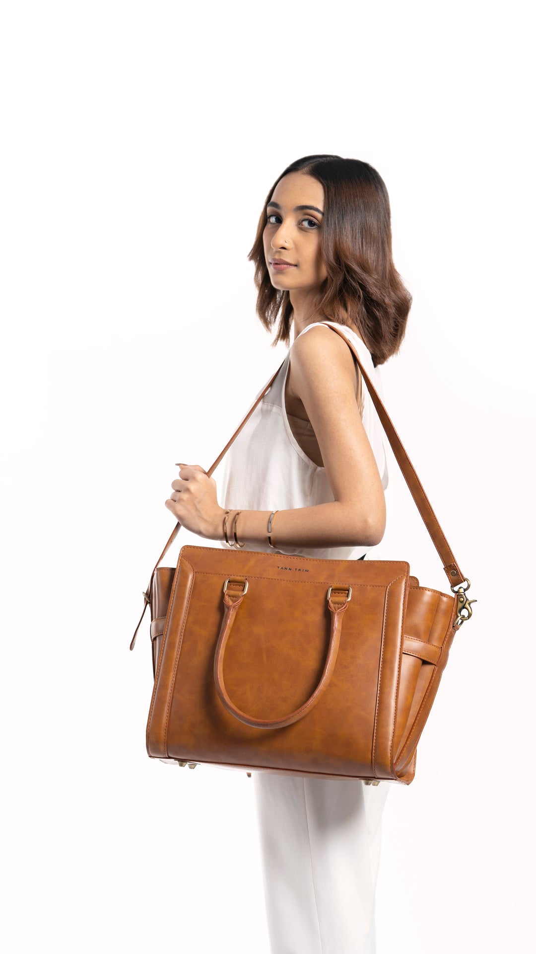 Tan/Brown work satchel for women made with conscious and vegan leather.