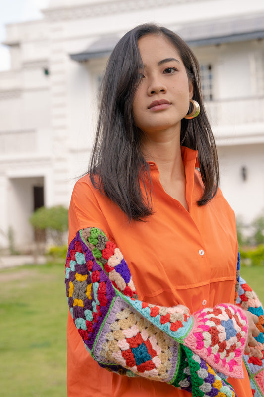 Tangerine Oversized Shirt with Multicolour Sleeves