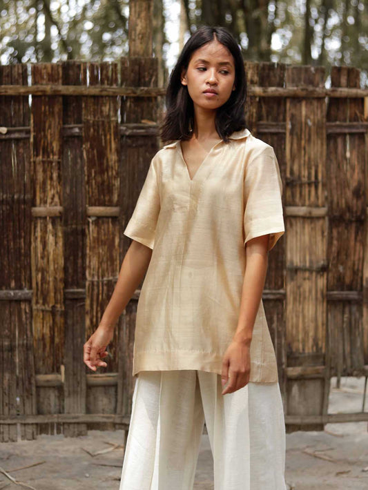 Relaxed Beige-gold Slip on shirt, Relaxed oversized Fit, Tea dyed Handwoven Chanderi Silk fabric for women.