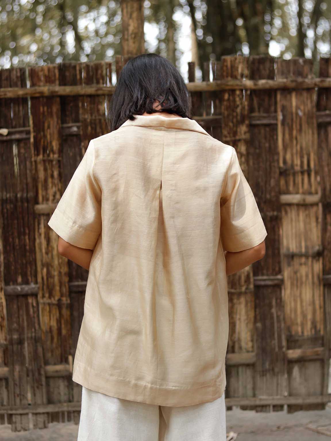 Relaxed Beige-gold Slip on shirt, Relaxed oversized Fit, Tea dyed Handwoven Chanderi Silk fabric for women.