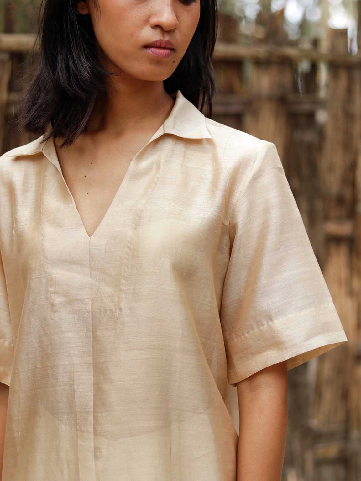 Relaxed Beige-gold Slip on shirt, Relaxed oversized Fit, Tea dyed Handwoven Chanderi Silk fabric for women.