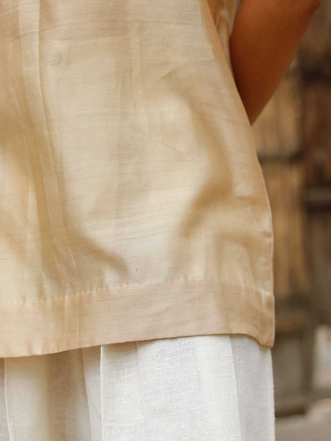 Relaxed Beige-gold Slip on shirt, Relaxed oversized Fit, Tea dyed Handwoven Chanderi Silk fabric for women.