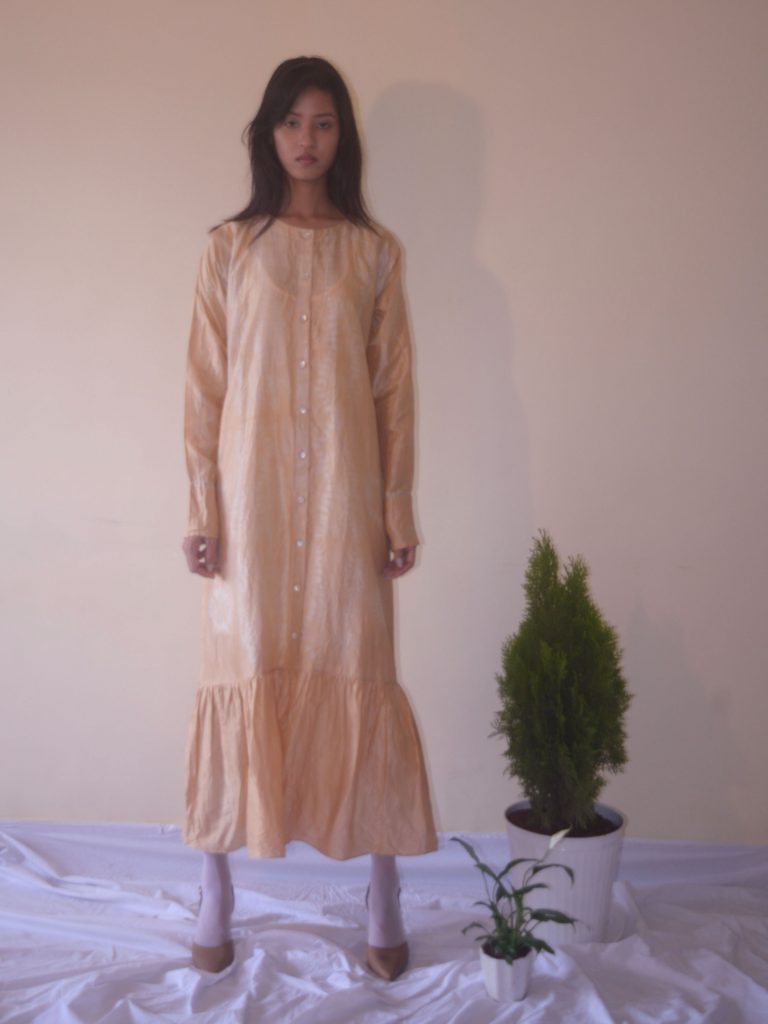 Tea dyed Bronze-Beige Handwoven Mulberry silk maxi dress with tie & Dye detail with full sleeves for women.