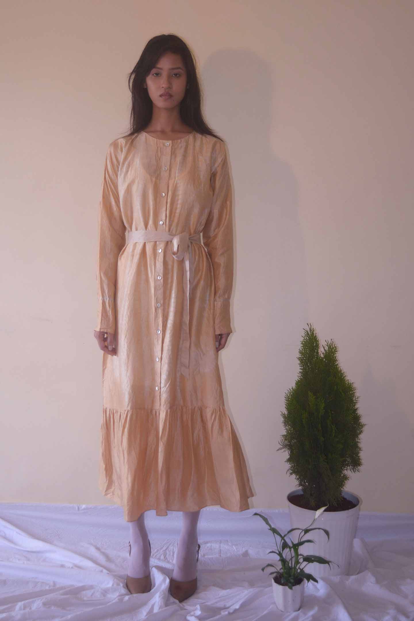 Tea dyed Bronze-Beige Handwoven Mulberry silk maxi dress with tie & Dye detail with full sleeves for women.