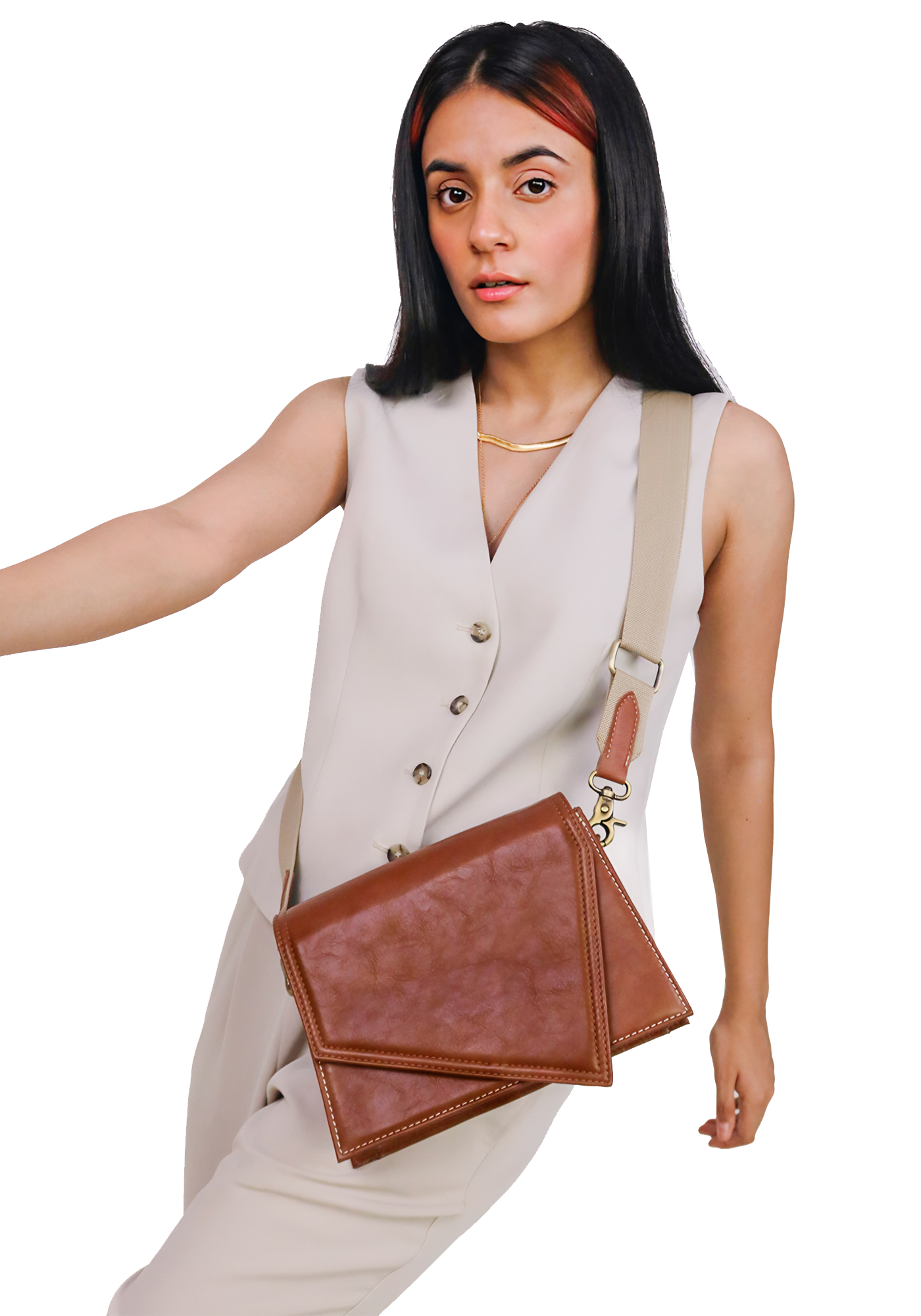 Tan/Brown sling bag adjustable made with conscious and vegan leather.