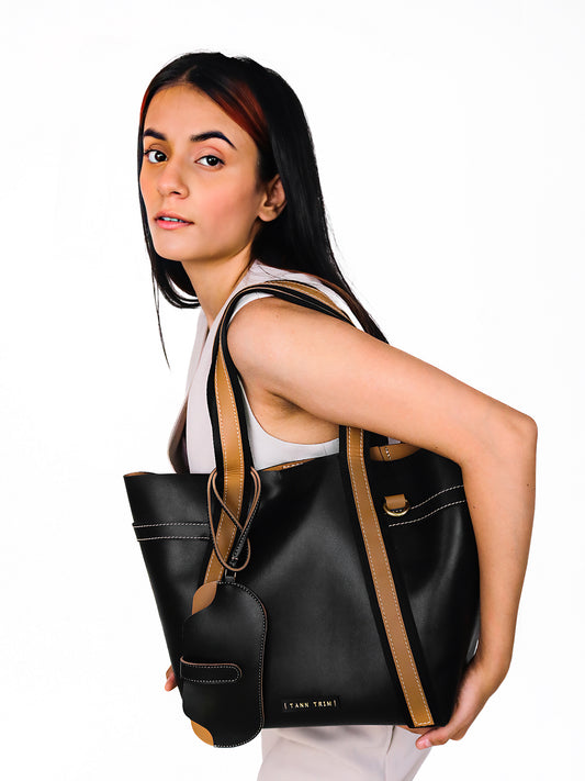 Spacious black tote bag for daily use made by conscious and vegan leather.