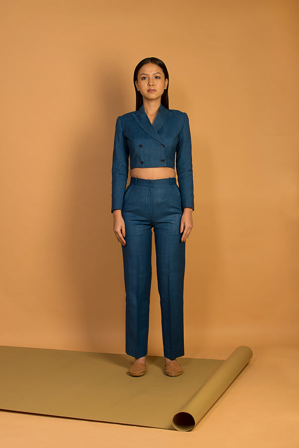 Double Breasted Peak Collar Crop Suit in Khadi Handwoven fabric