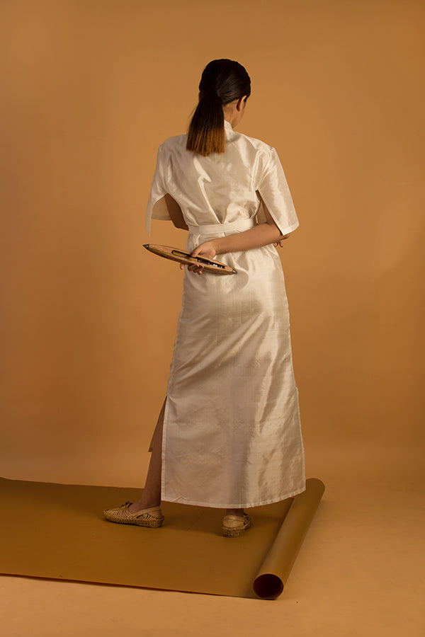 Long shirt dress in Mulberry silk fabric (From Assam) with cape sleeve details.