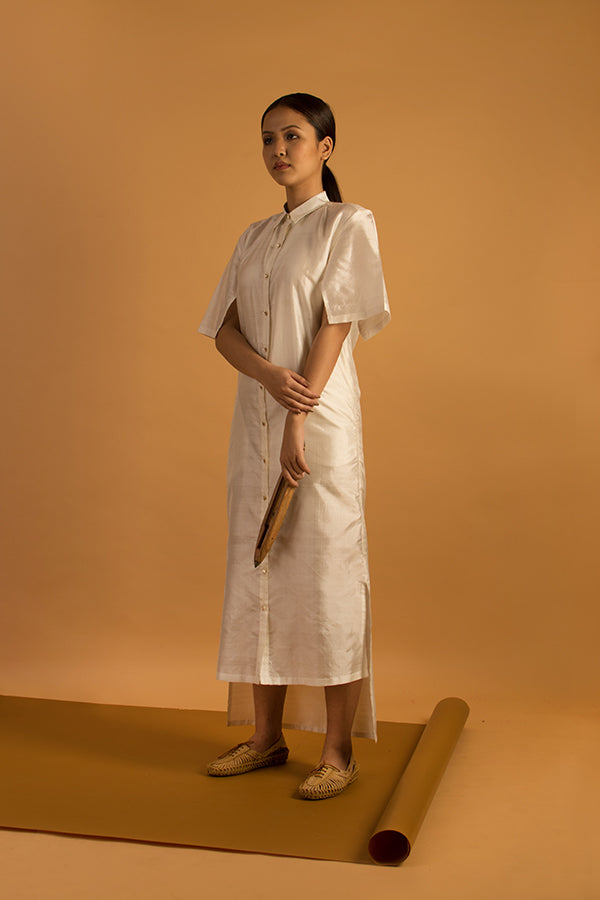 Long shirt dress in Mulberry silk fabric (From Assam) with cape sleeve details.