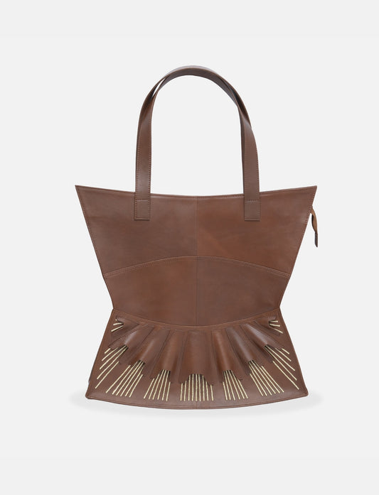 Tan/Brown upcycled leather tote handbag with gold ebroiery.