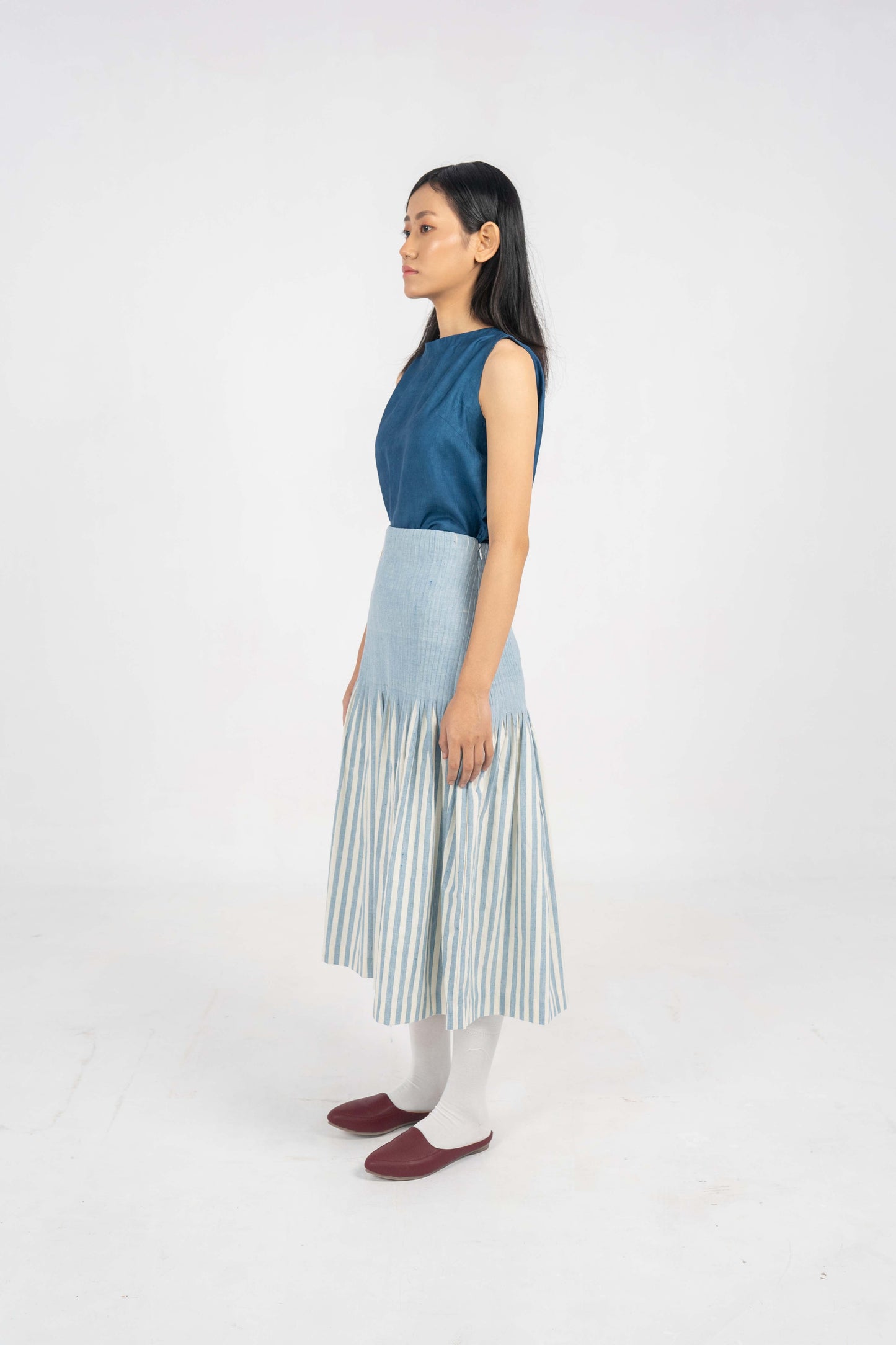 All day comfort Indigo Stripe skirt.