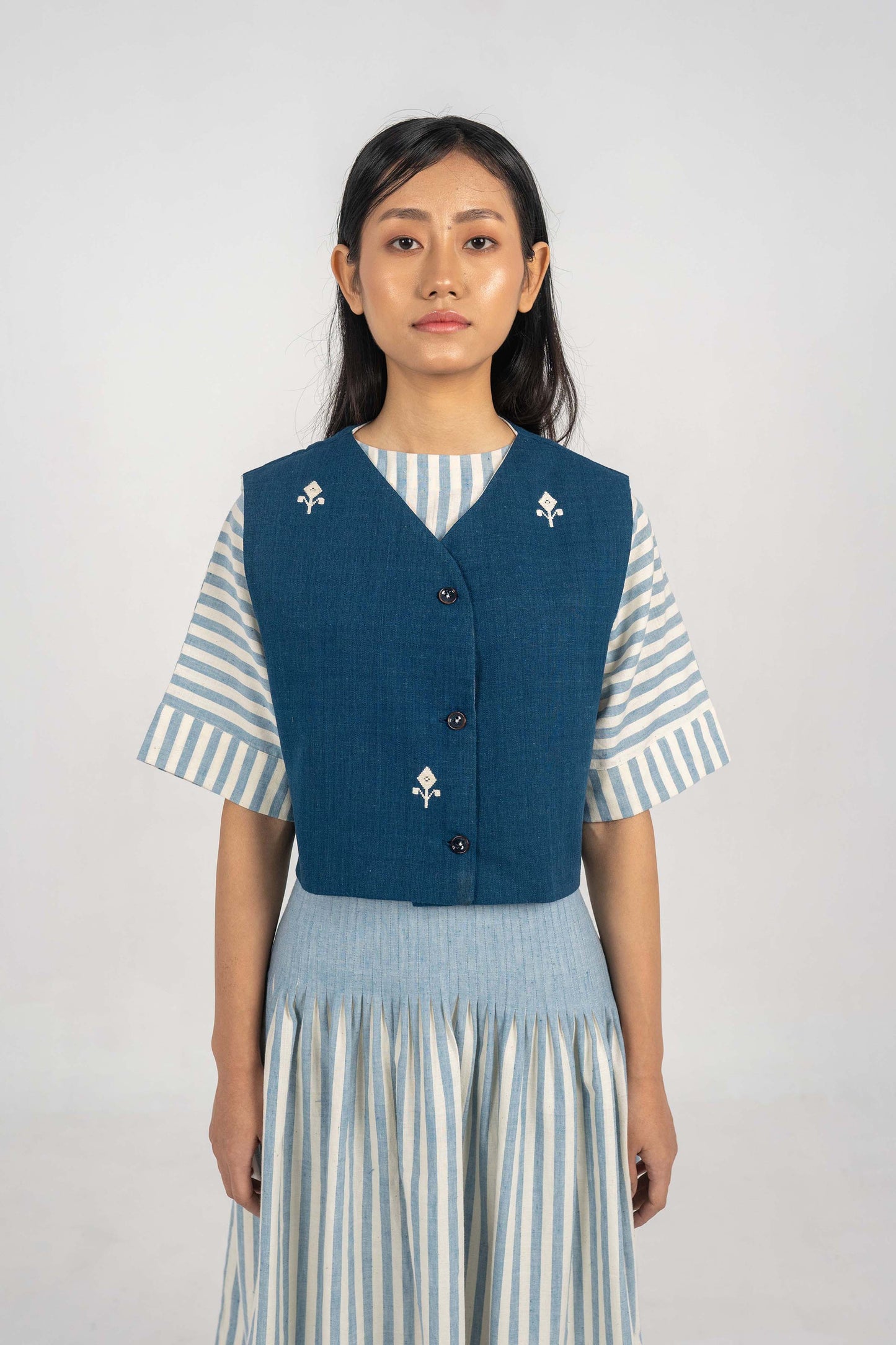 Indigo spencer Eri Silk jacket with motifs.