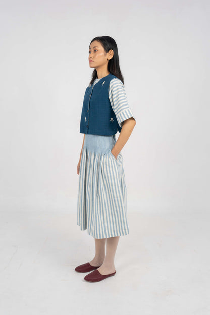 Indigo spencer Eri Silk jacket with motifs.