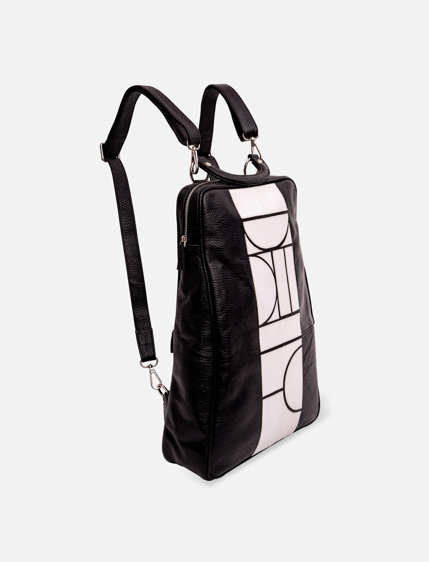 Black and white upcycled leather adjustable unisex bagpack.