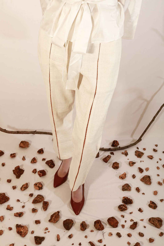 Eri Silk off white work trousers with thread faggoting detail in front, Handspun and handwoven with embroidery detail.