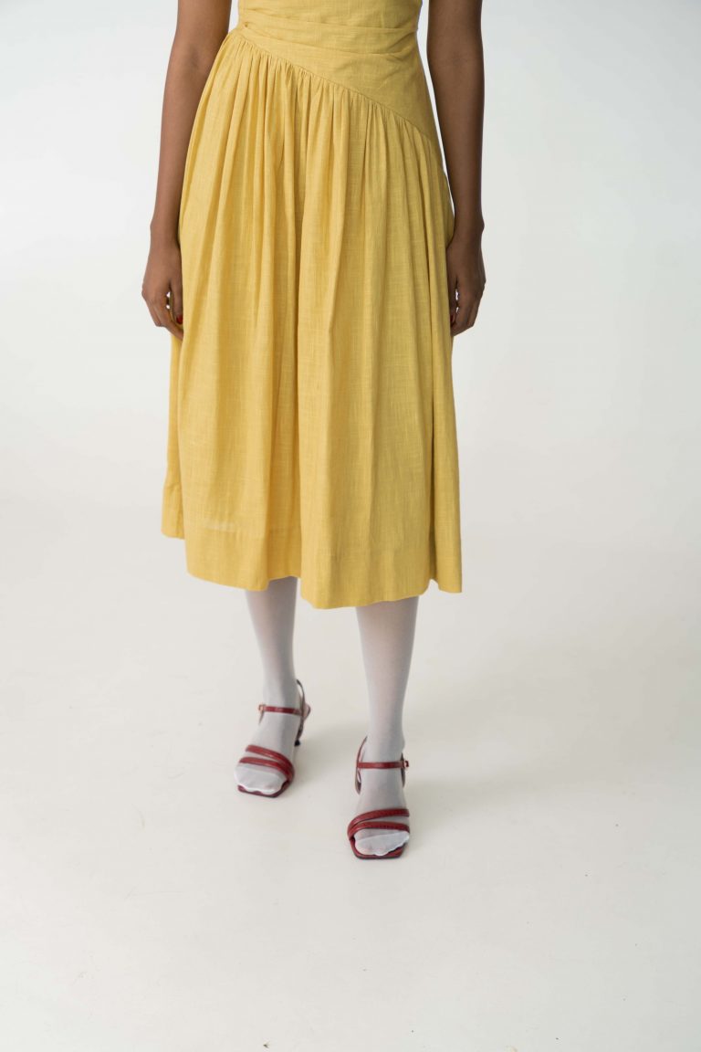 Yellow summer mid length cotton dress made with azo free dye for women.