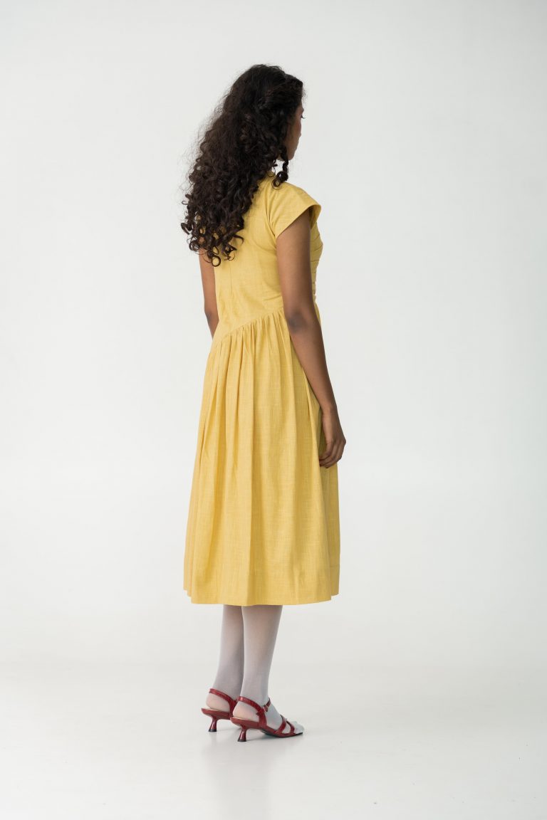 Yellow summer mid length cotton dress made with azo free dye for women.