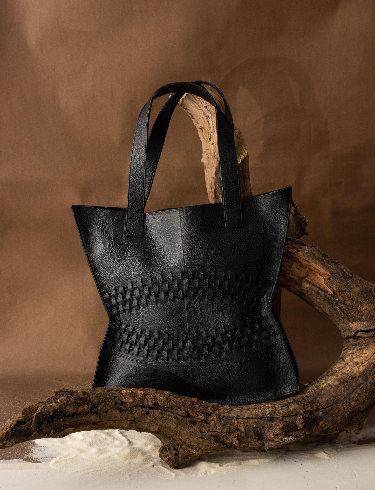 Black upcycled leather unisex handcrafted tote handbag.