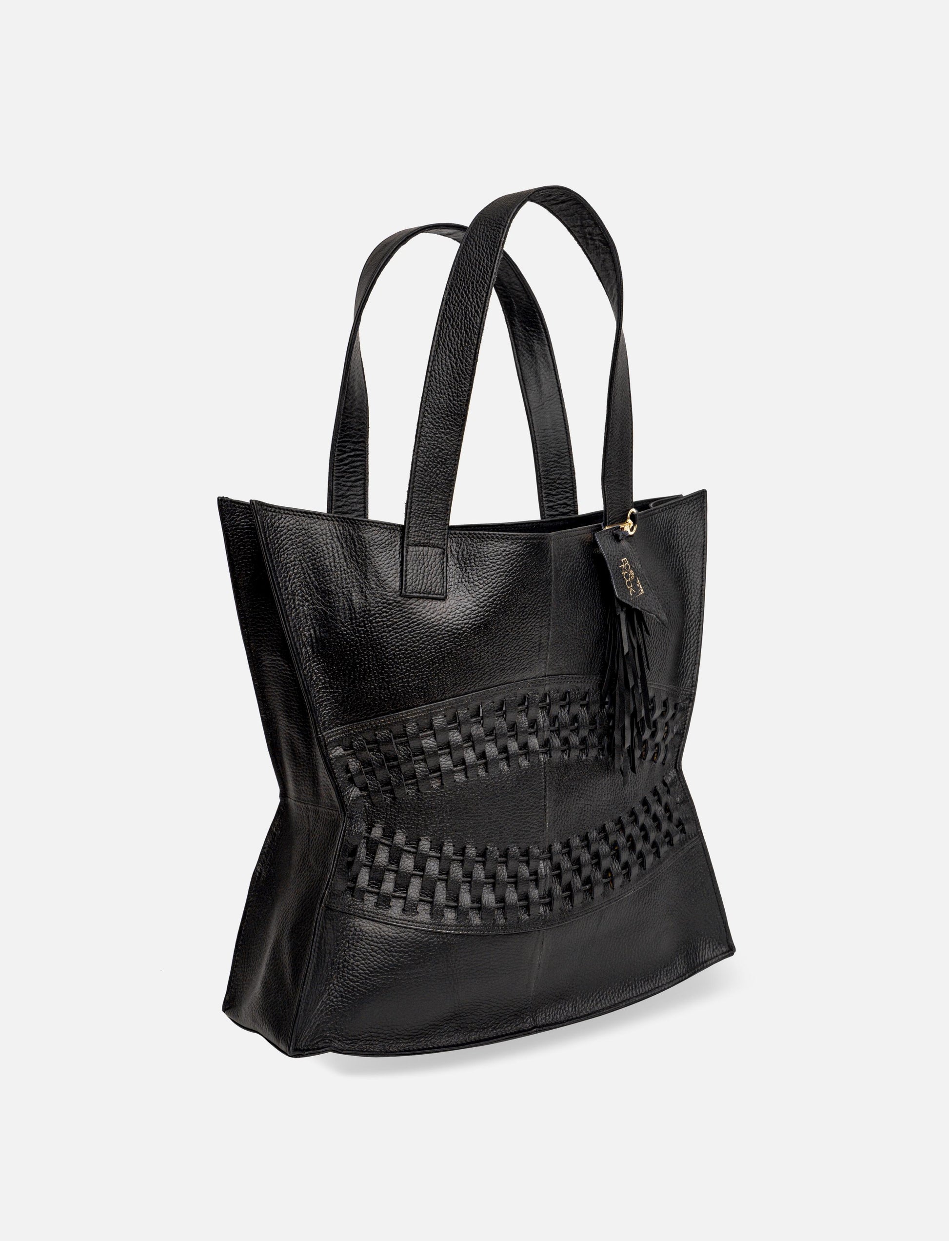 Black upcycled leather unisex handcrafted tote handbag.