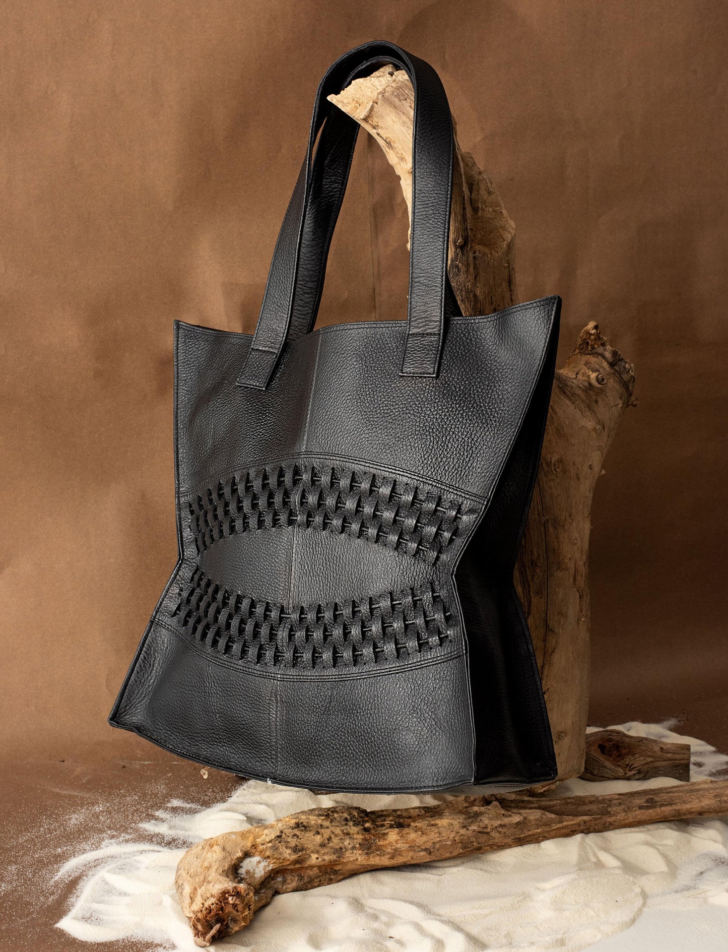 Black upcycled leather unisex handcrafted tote handbag.