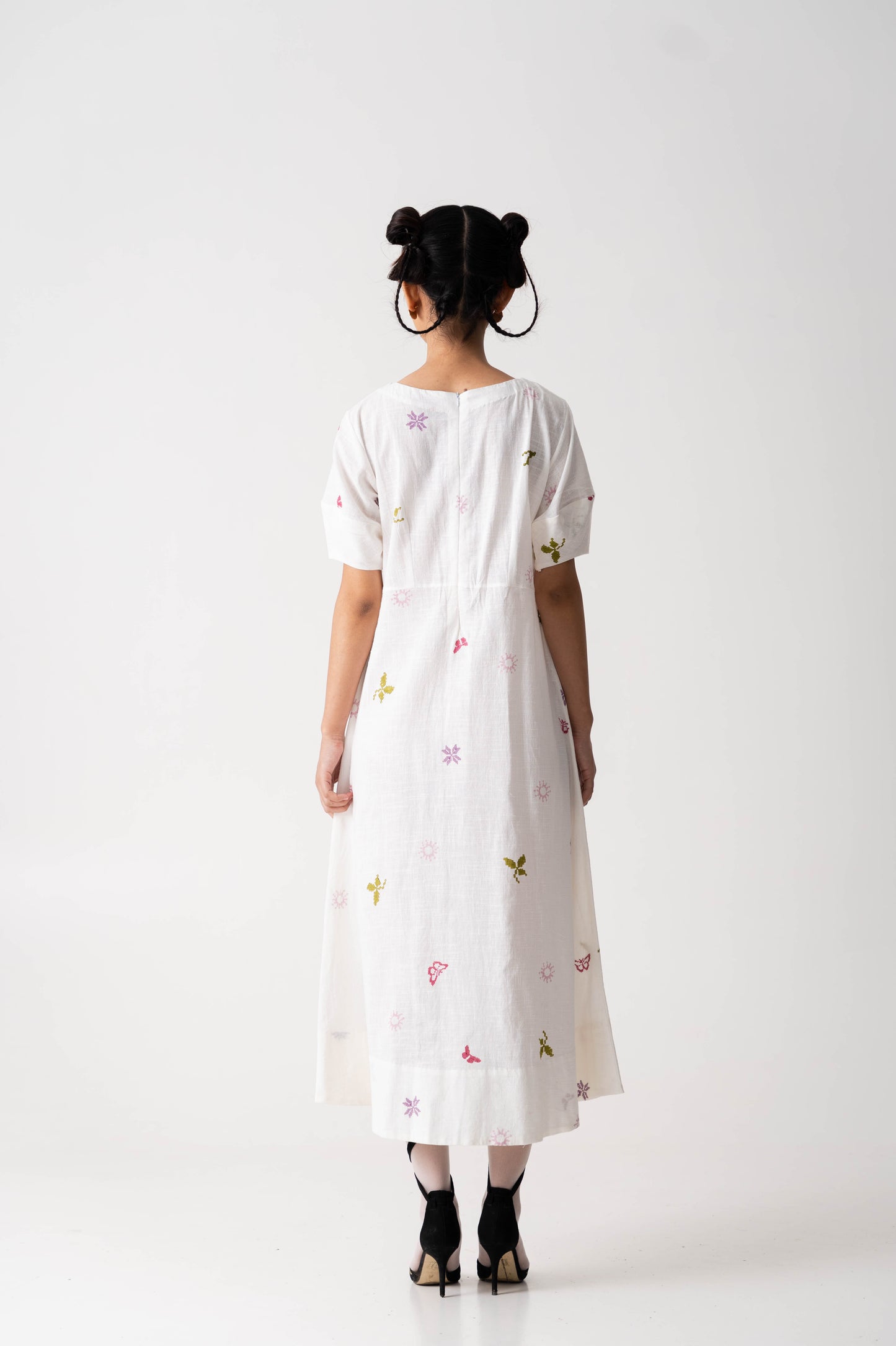 Garden bloom dress, Color Ivory White, Hand-block printed dress, Handwoven Cotton fabric.