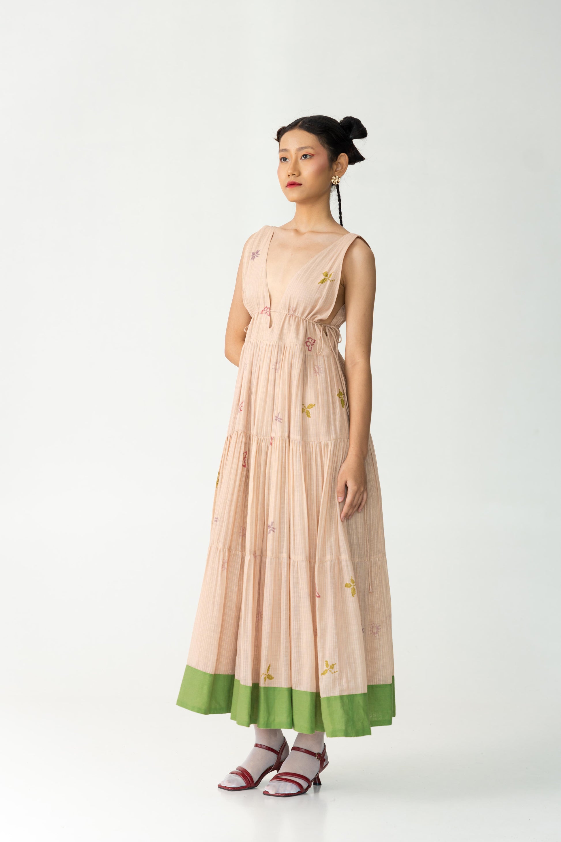 Go with the wind cotton dress, Color Peach, Handwoven Silk X Cotton fabric, Hand-Block Print, Full lined maxi flowy dress.