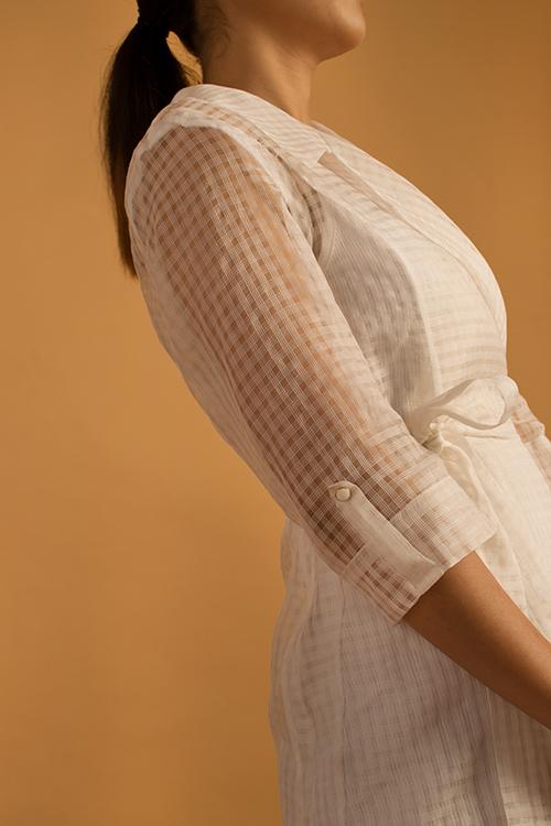 Wrap-over trench collar style see-through silk dress